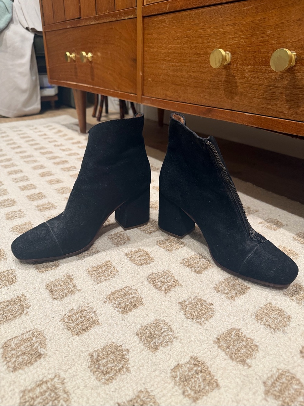 Madewell zip front black suede heeled booties